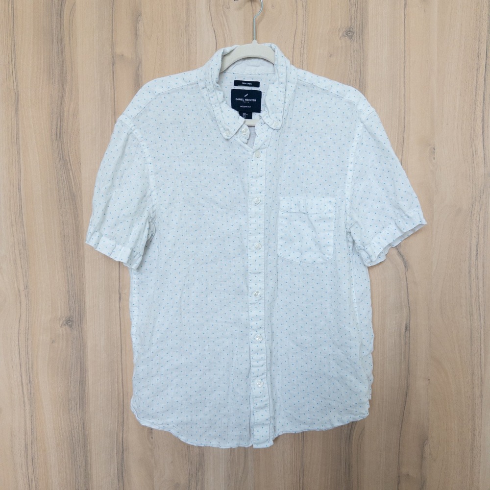 Daniel Hechter Mens Linen Button Down Shirt L White Short Sleeve Preppy Coastal‎
